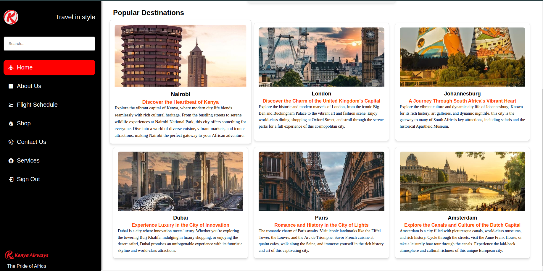 Kenya Airways Website Screenshot